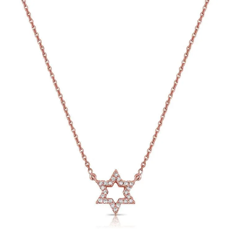 14k Gold 0.08Ct Diamond Star Of David Necklace with 24Diamonds available in White, Rose and Yellow Gold