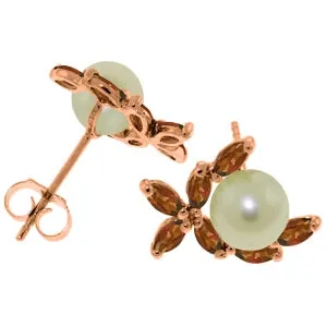 14K Solid Rose Gold Stud Earrings w/ Natural Garnets & Pearls