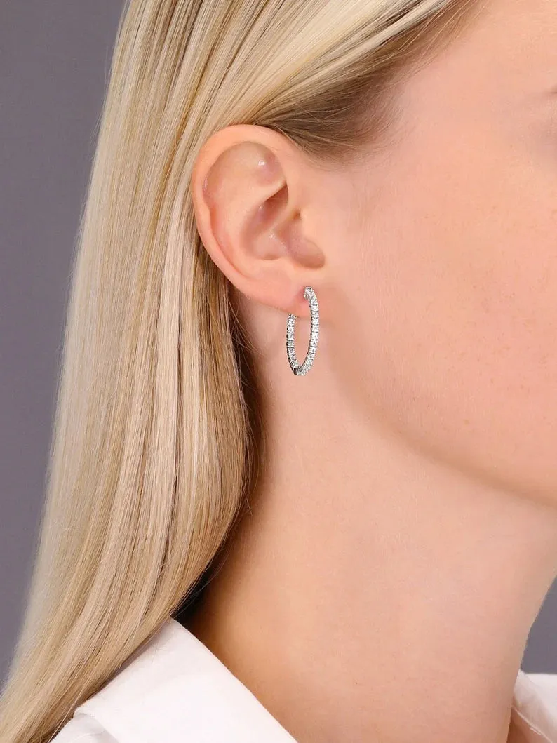 14k White Gold Diamond Hoop Earrings, 1.25 carats