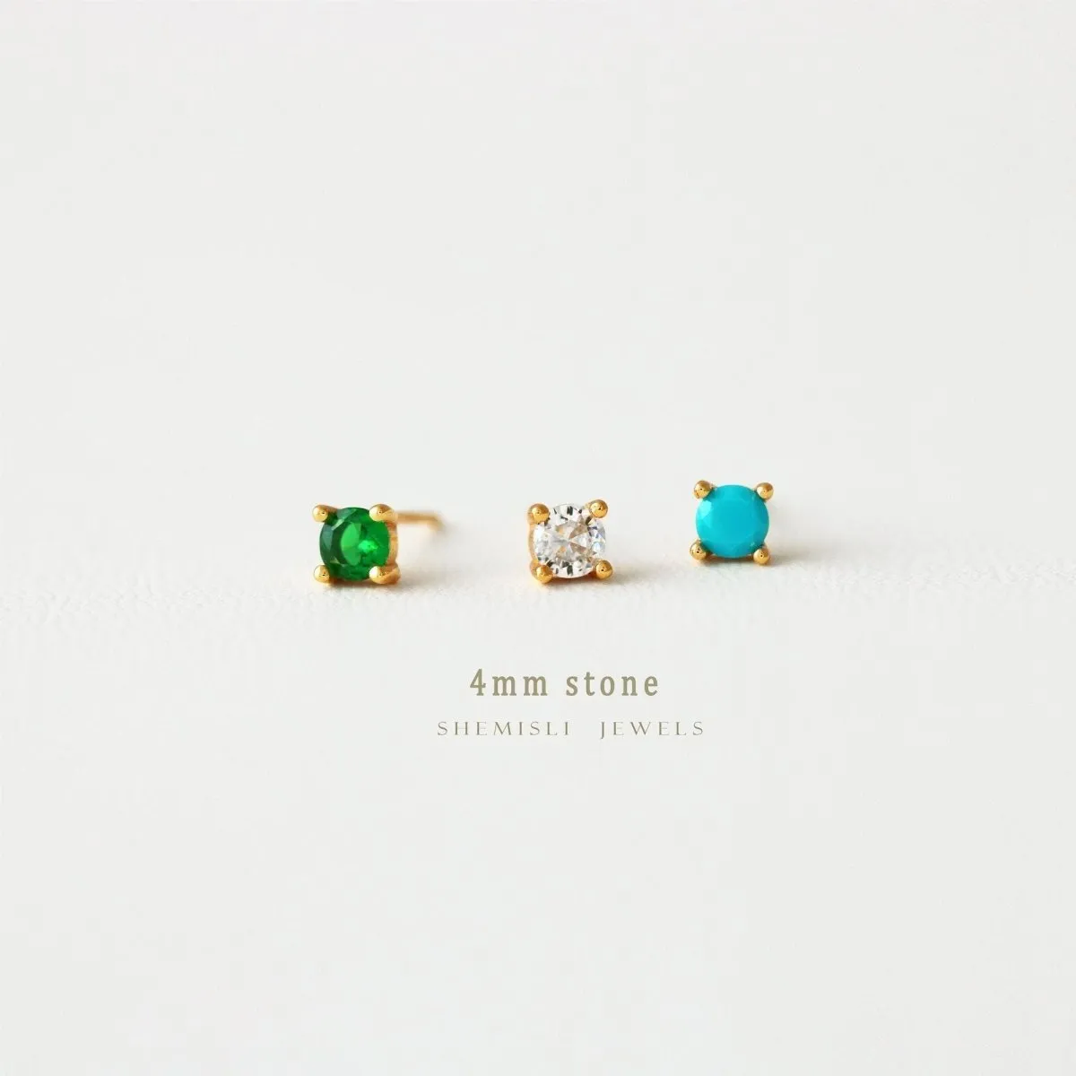 4mm CZ Studs, White, Emerald, Turquoise, Unisex, Gold, Silver SHEMISLI - SS074, SS088, SS092