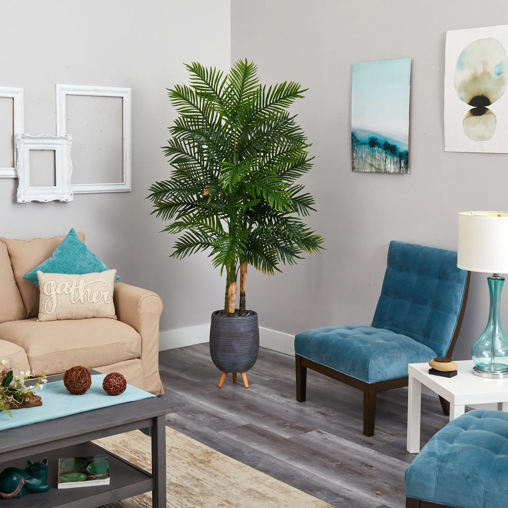 6’ Areca Palm Artificial Tree in Gray Planter with Stand (Real Touch)