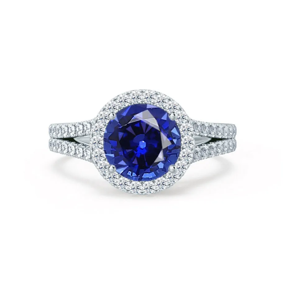 AMELIA - Chatham® Lab Grown Blue Sapphire & Diamond Platinum Halo Ring
