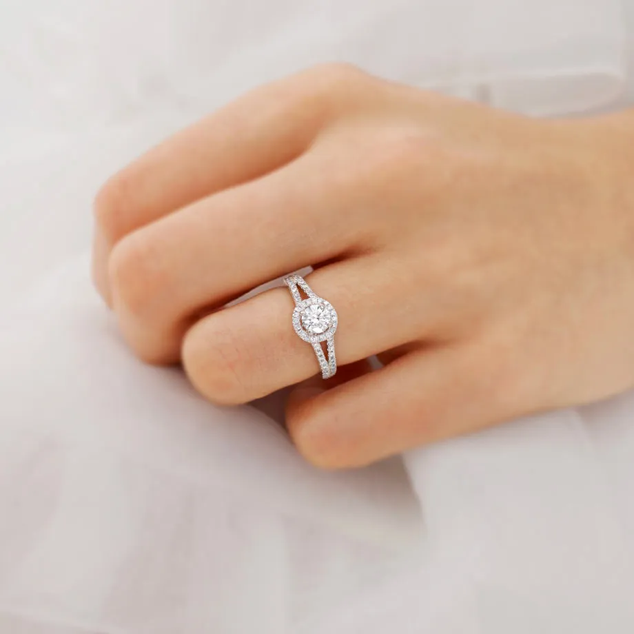 AMELIA - Chatham® Lab Grown Blue Sapphire & Diamond Platinum Halo Ring