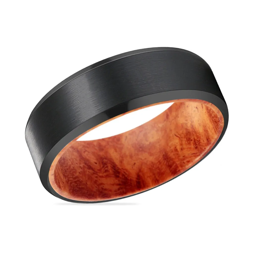 BANDIT | Red Burl Wood, Black Tungsten Ring, Brushed, Beveled