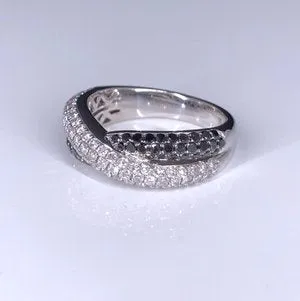 Black and White Diamond Crisscross Ring 14k White Gold Finger Size 6.5