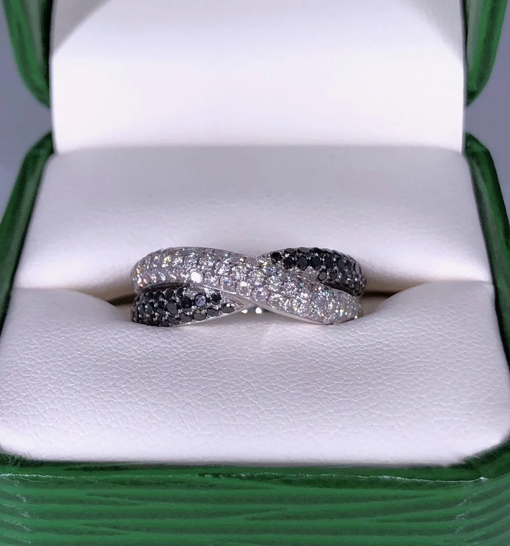 Black and White Diamond Crisscross Ring 14k White Gold Finger Size 6.5