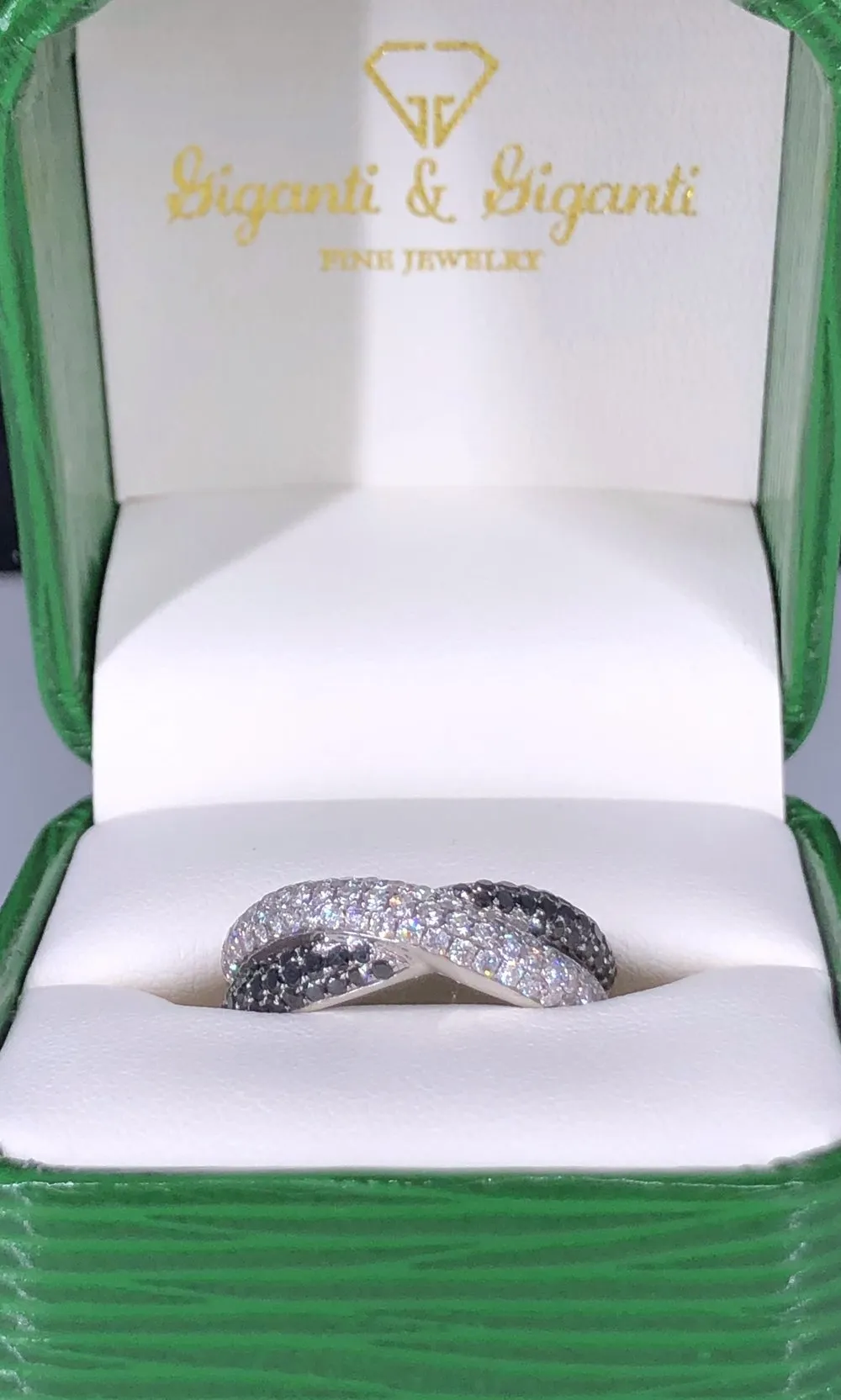 Black and White Diamond Crisscross Ring 14k White Gold Finger Size 6.5