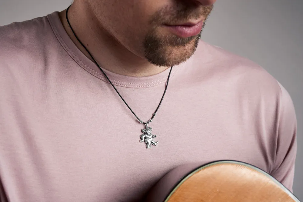 Dancing Bear Sterling Silver Beads & Thin Leather Necklace