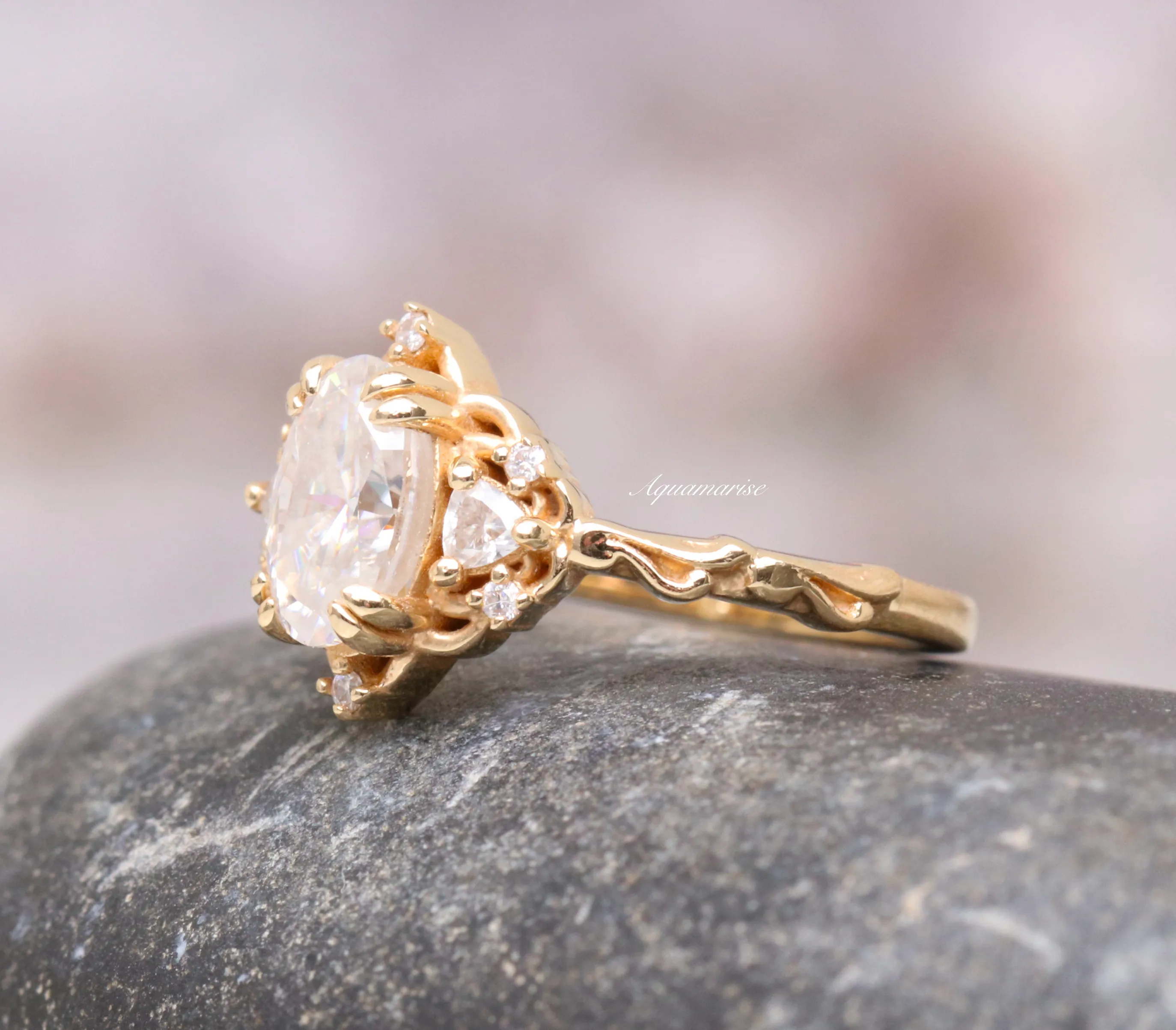 14K Solid Yellow Gold Esme Moissanite & Diamond Engagement Ring - Sparkling Gemstone Jewelry