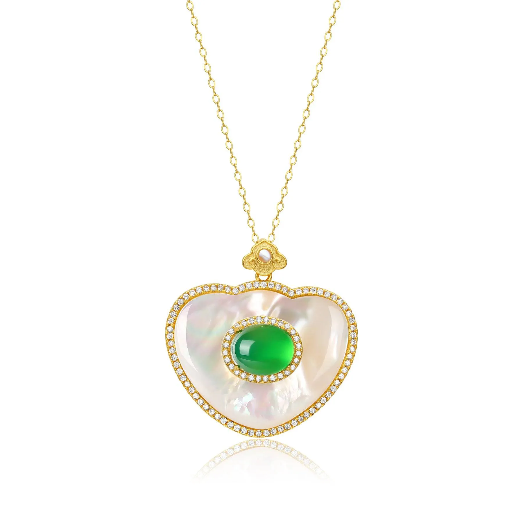 Green Onyx Mother of Pearls Pendant Necklace Gold Vermeil