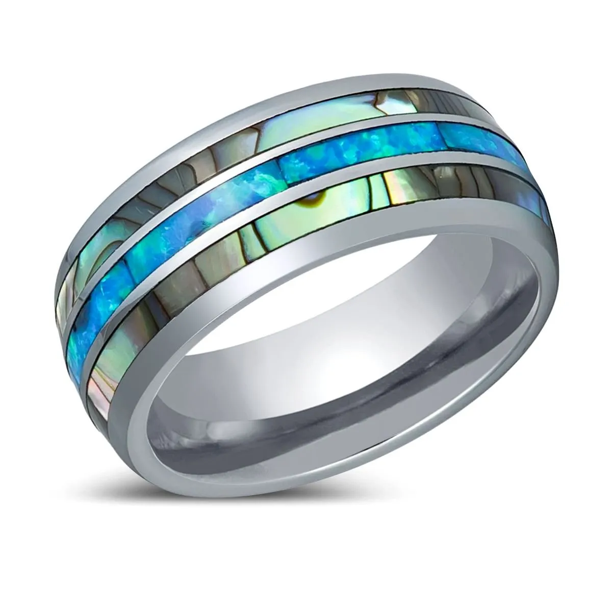 IRIDIAN | Silver Tungsten Ring, Domed Ring, Opal & Pearl Inlay