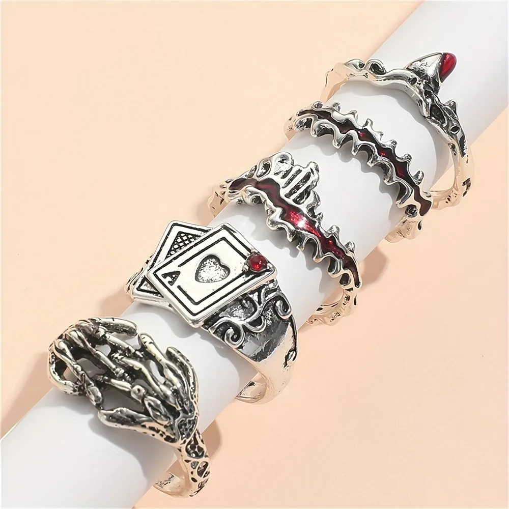 Mens Stacking Rings Retro Dark Series Playing Card  Skull Hand Design 5pcsSet