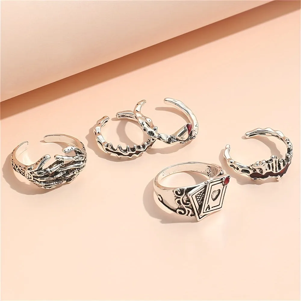 Mens Stacking Rings Retro Dark Series Playing Card  Skull Hand Design 5pcsSet