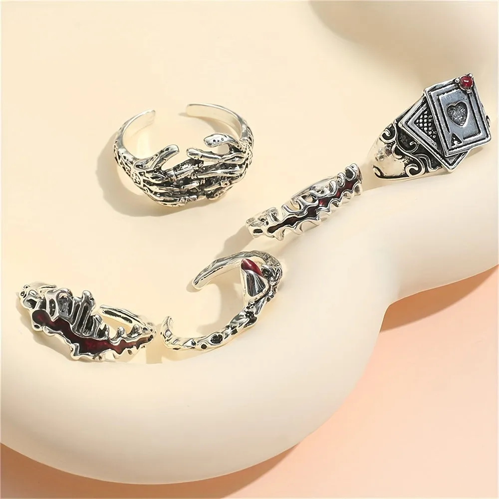 Mens Stacking Rings Retro Dark Series Playing Card  Skull Hand Design 5pcsSet