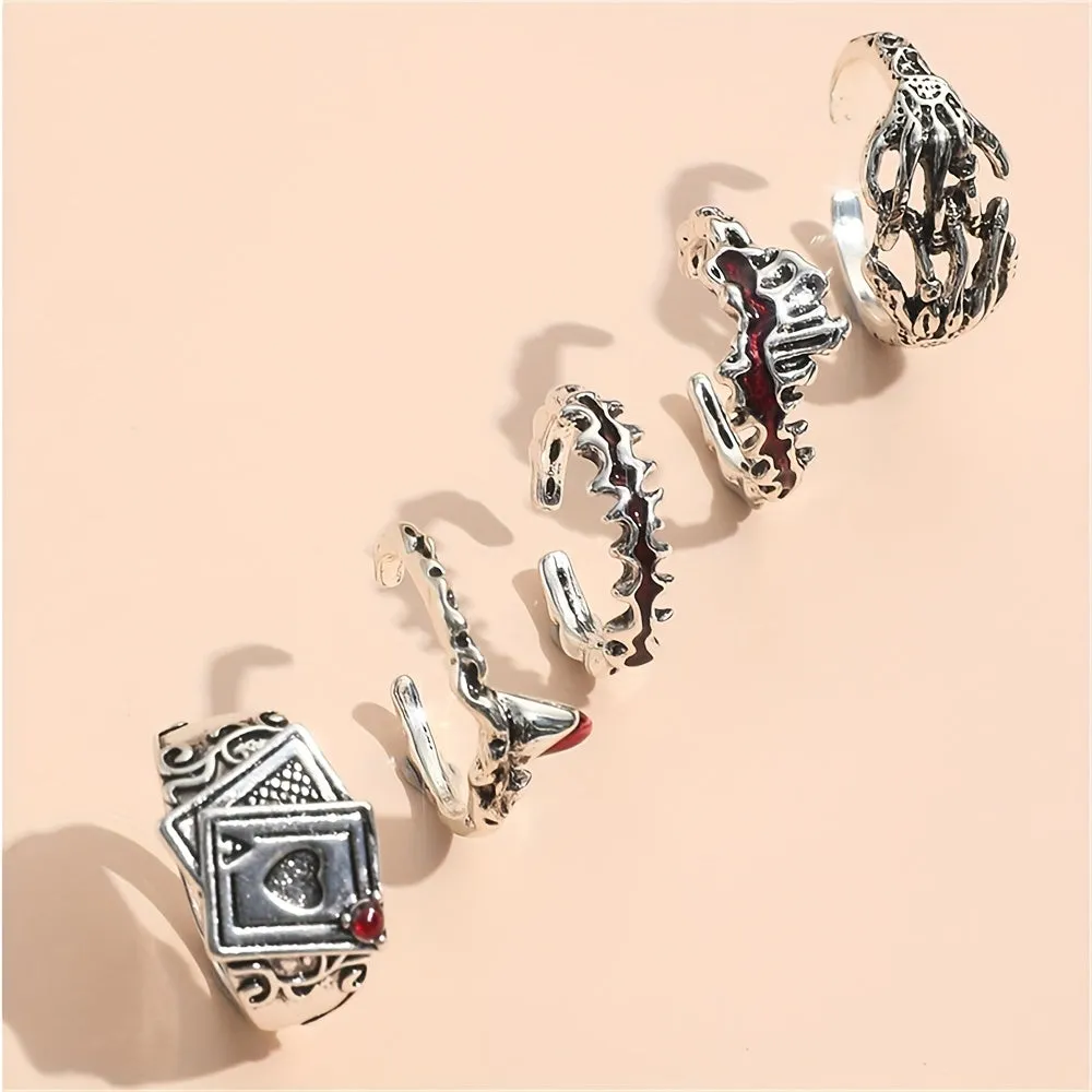 Mens Stacking Rings Retro Dark Series Playing Card  Skull Hand Design 5pcsSet