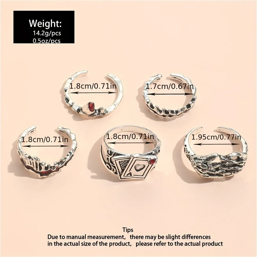 Mens Stacking Rings Retro Dark Series Playing Card  Skull Hand Design 5pcsSet