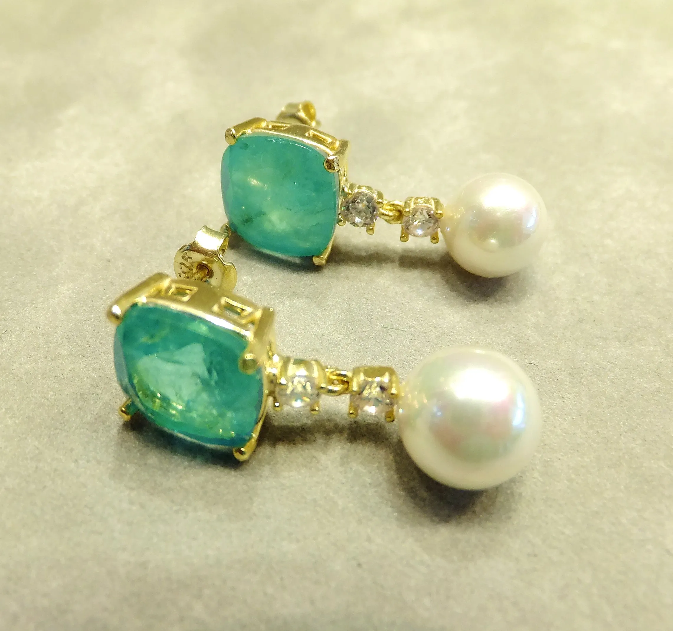 Exquisite Mint Green Paraiba Tourmaline and Pearl Earrings