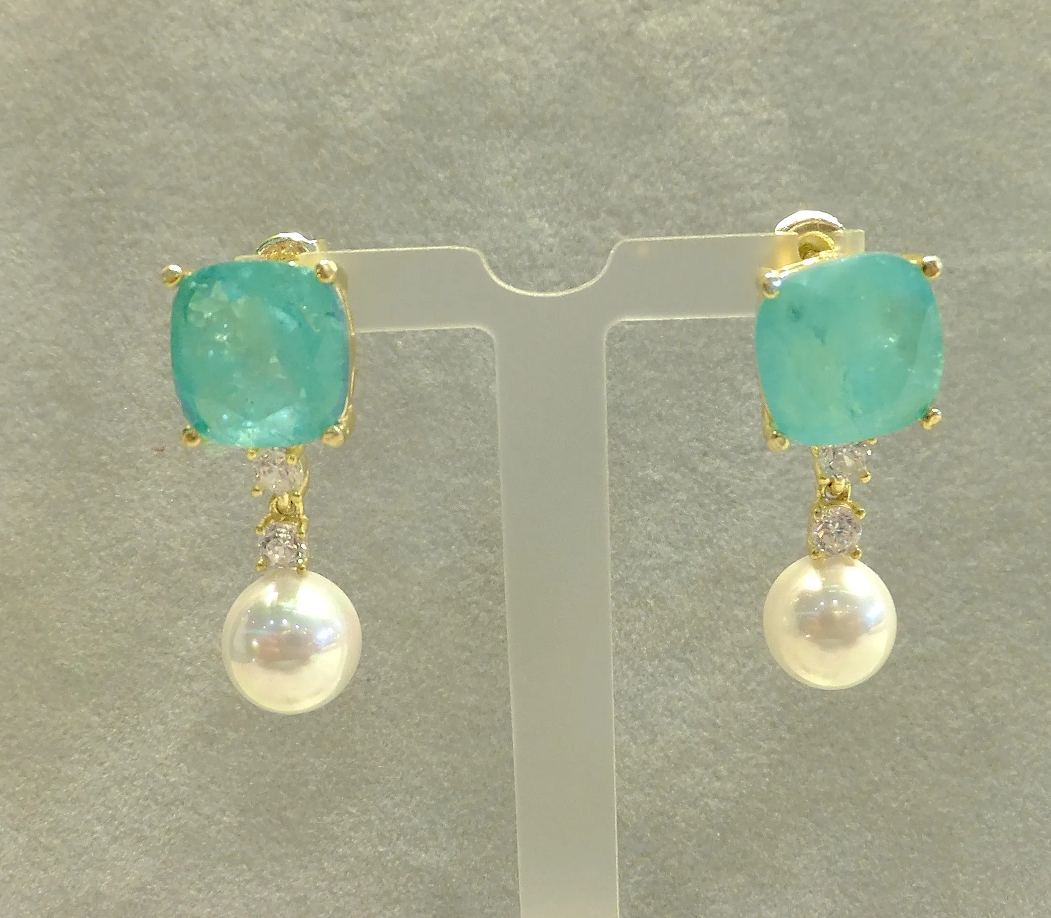 Exquisite Mint Green Paraiba Tourmaline and Pearl Earrings