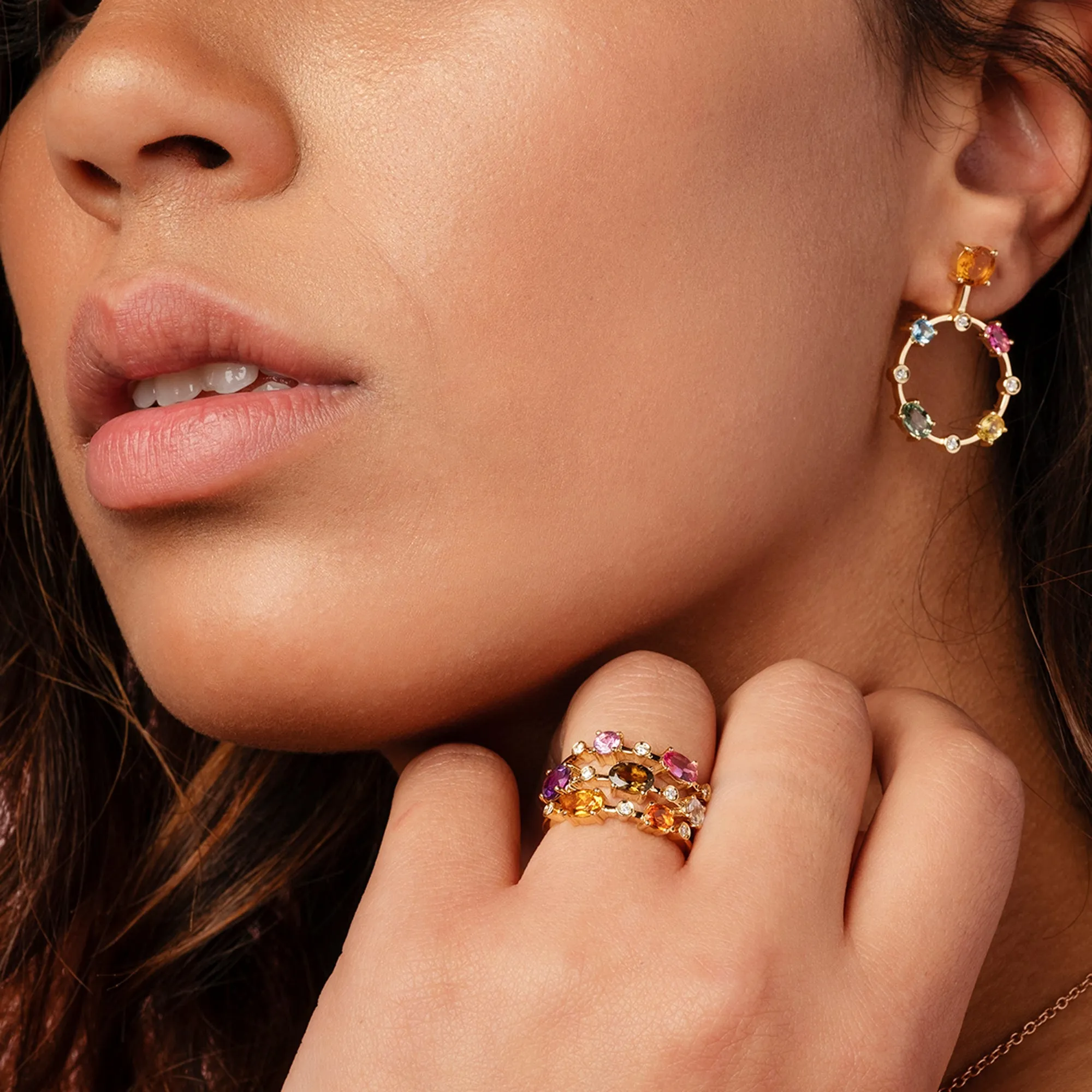 Multi coloured gemstones 18k yellow gold earrings