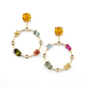 Multi coloured gemstones 18k yellow gold earrings