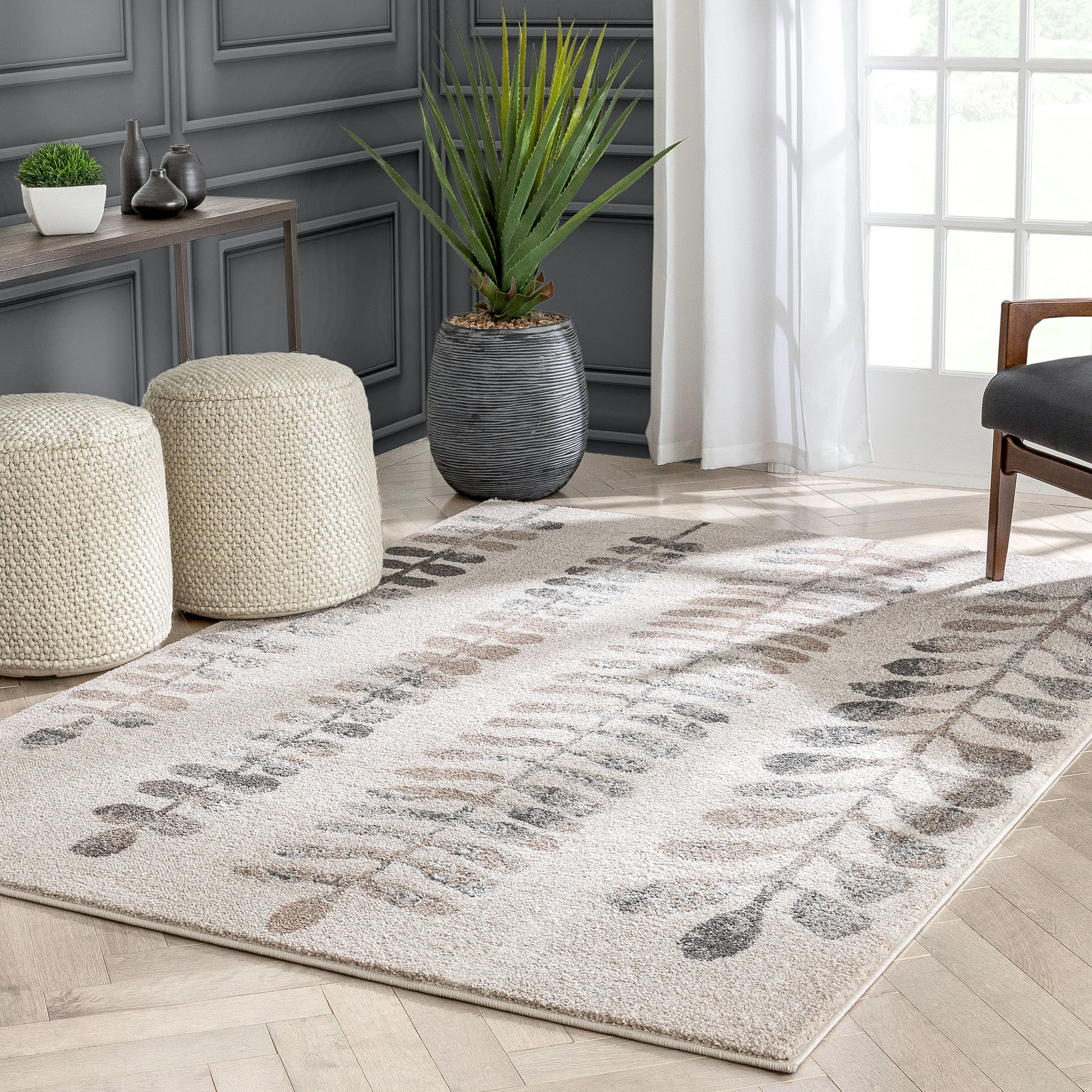 Myra Abstract Leaf Pattern Ivory Vintage Rug