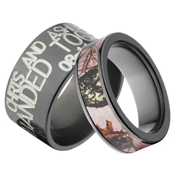 Outdoor His and Her's Matching Mossy Oak Pink Break Up Camouflage & Duck Band Ring Set