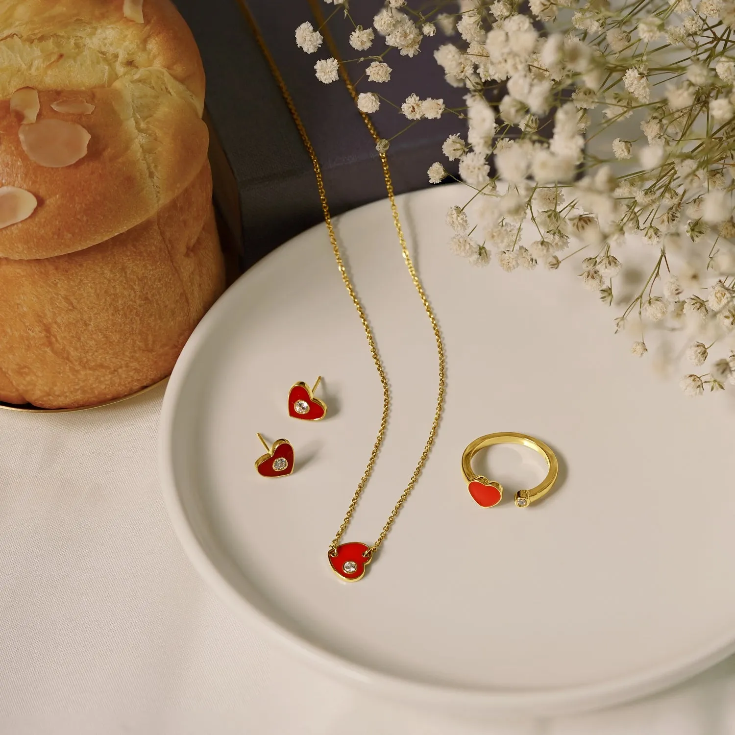 Red Enamel Heart Open Ring & Cubic Zirconia