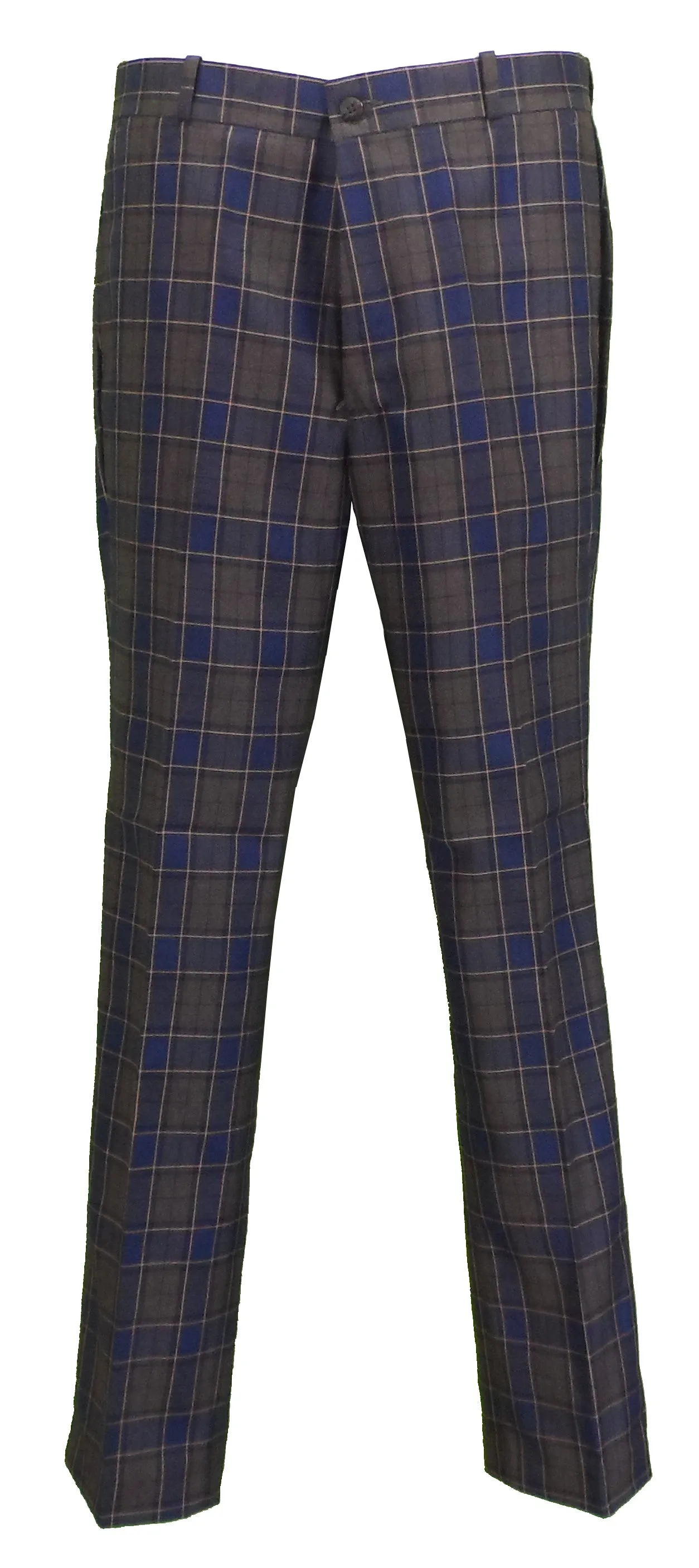 Relco Mens Blue/Grey/Mustard Tartan Check Slim Fit Sta-Press Trousers