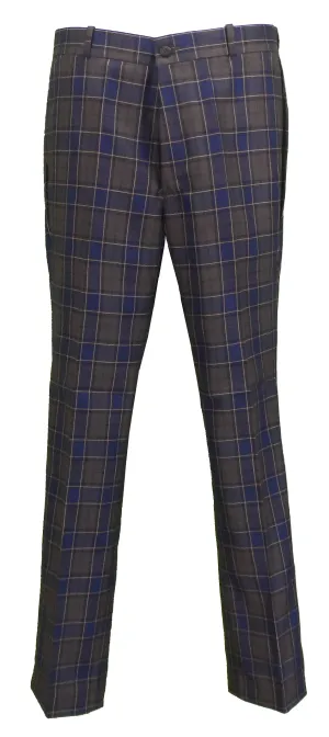 Relco Mens Blue/Grey/Mustard Tartan Check Slim Fit Sta-Press Trousers