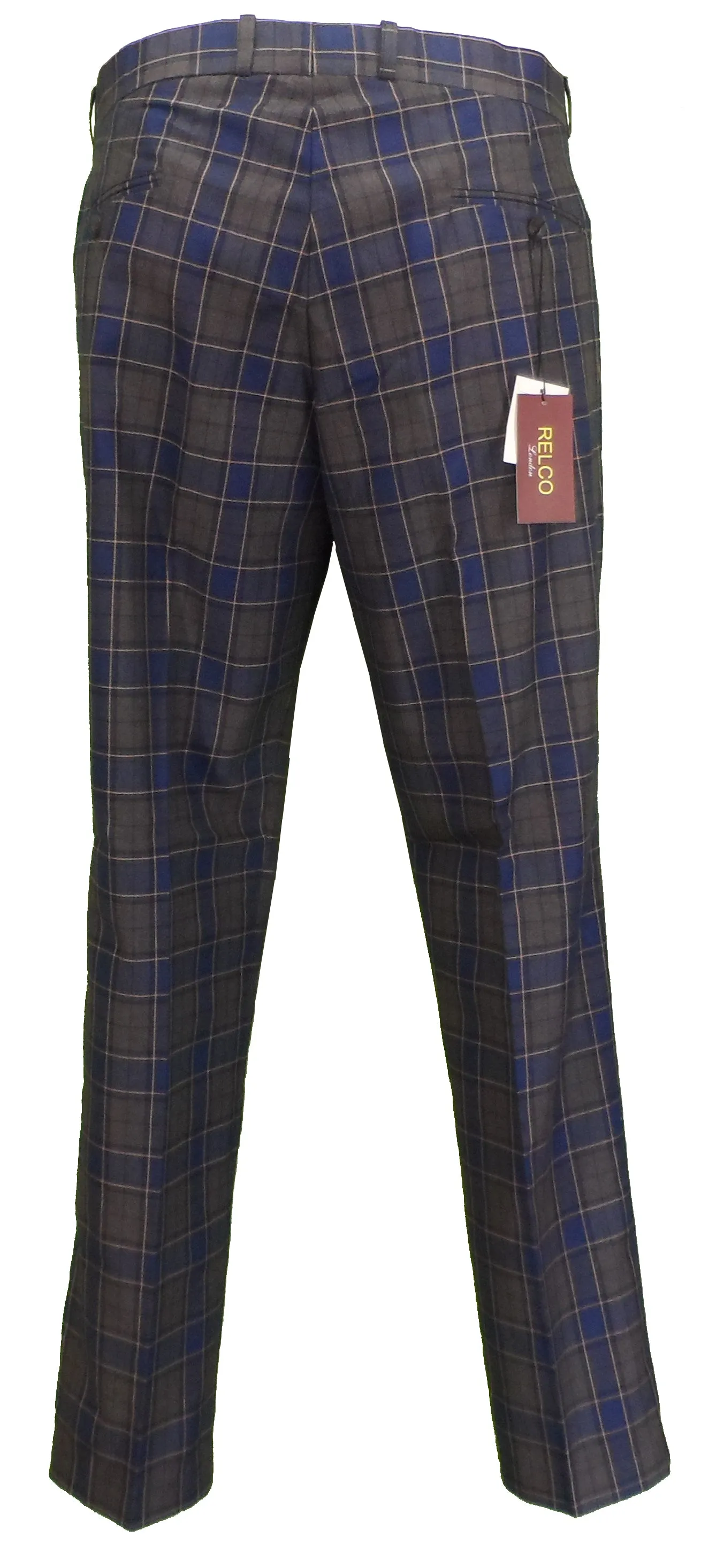 Relco Mens Blue/Grey/Mustard Tartan Check Slim Fit Sta-Press Trousers