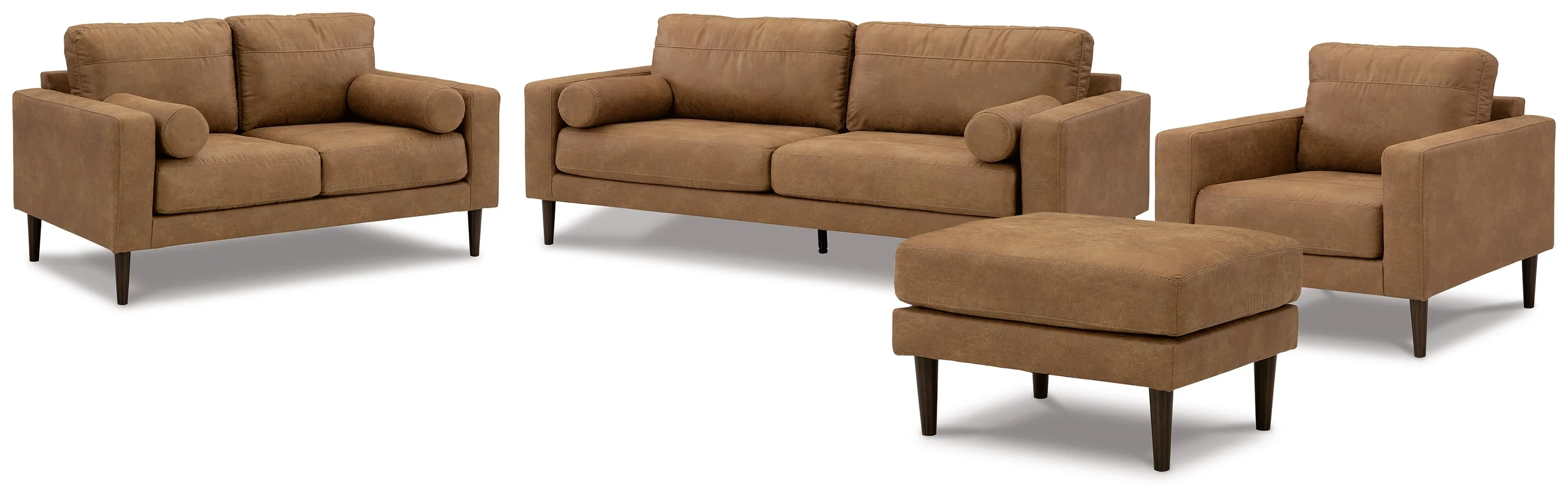 Telora Sofa, Loveseat, Chair and Ottoman in Caramel