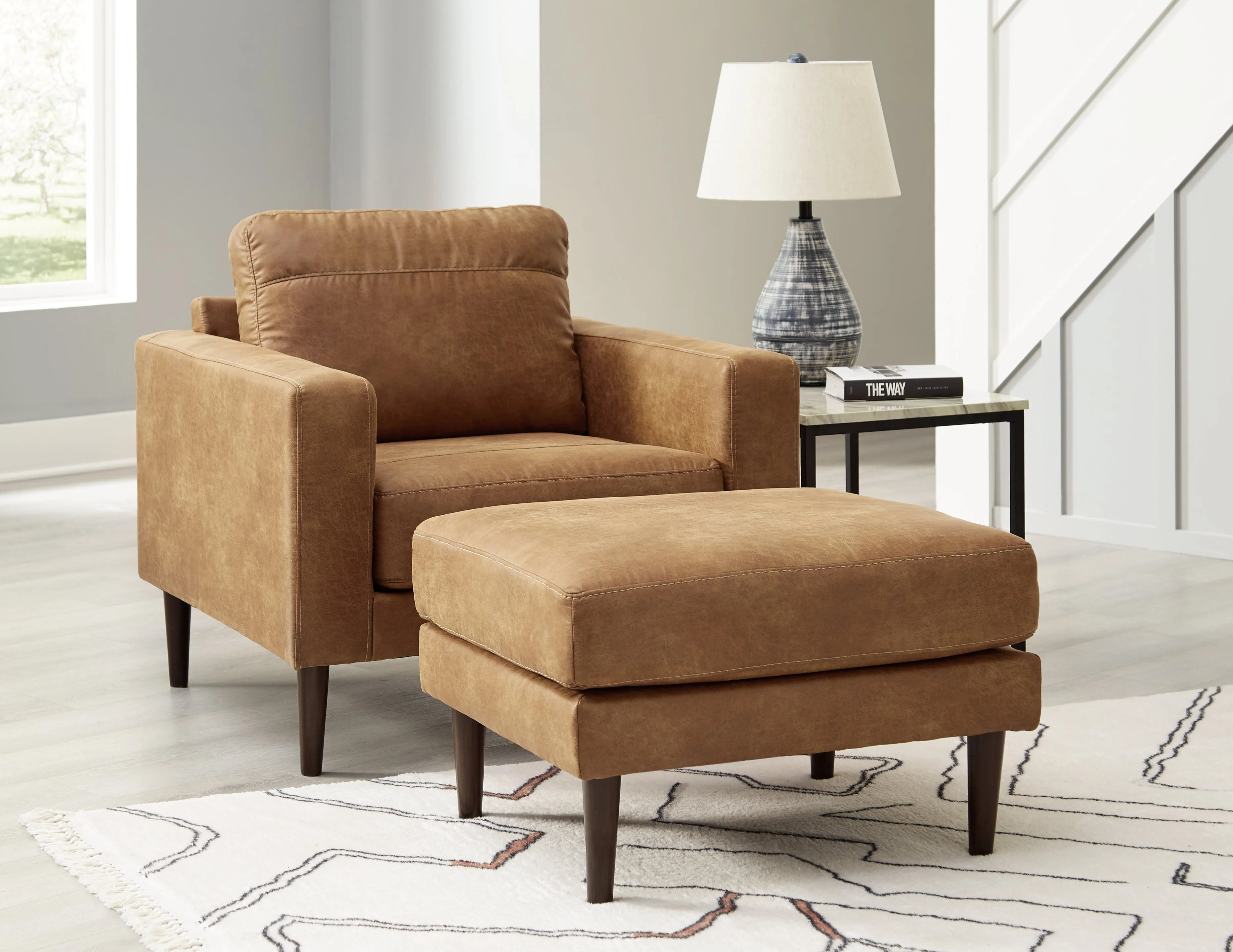 Telora Sofa, Loveseat, Chair and Ottoman in Caramel