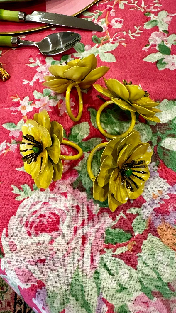 Vintage Napkin Rings, Tole, Enamel,Metal Flowers, Yellow, Set of 4