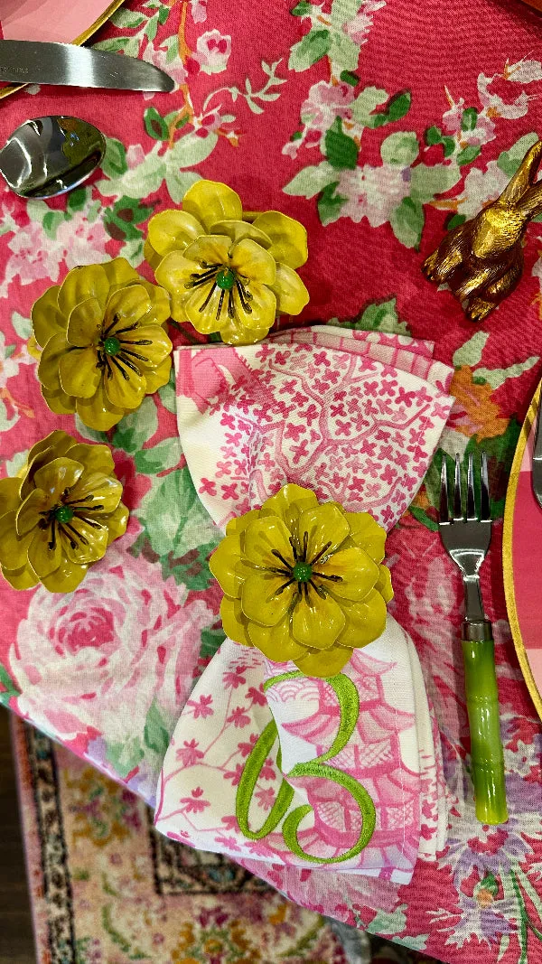 Vintage Napkin Rings, Tole, Enamel,Metal Flowers, Yellow, Set of 4