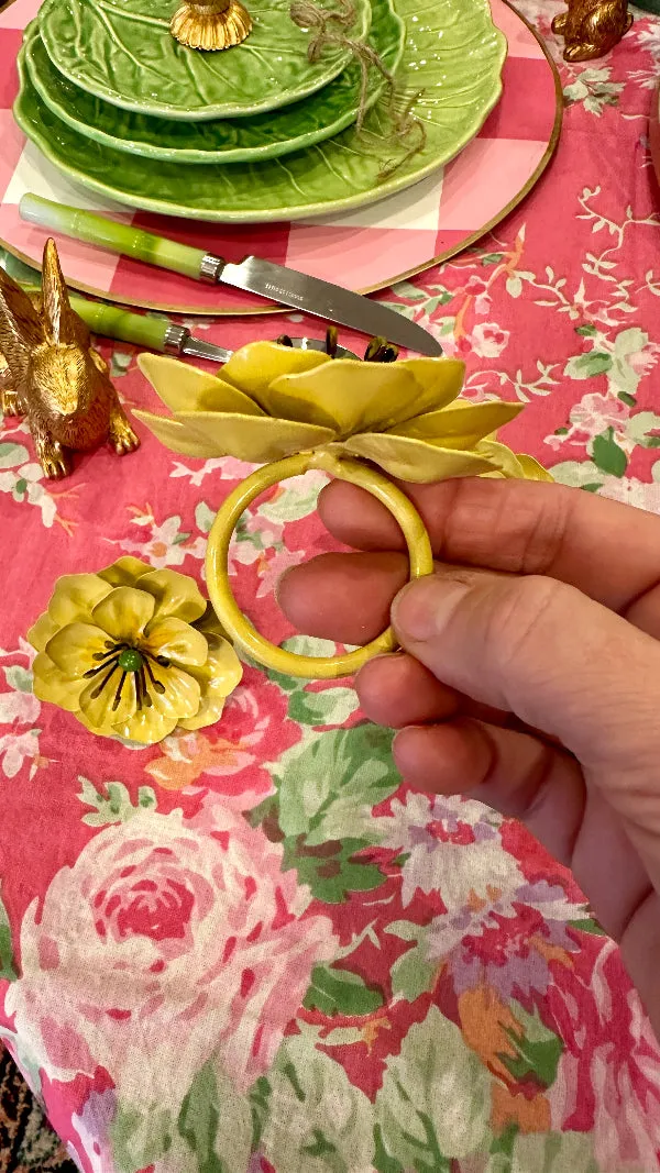 Vintage Napkin Rings, Tole, Enamel,Metal Flowers, Yellow, Set of 4