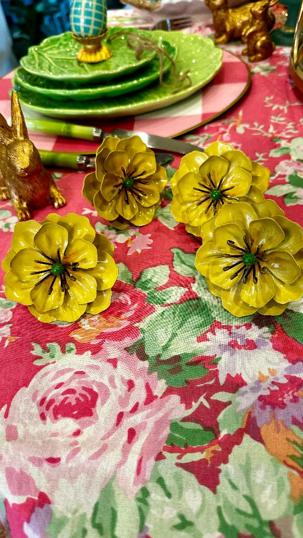 Vintage Napkin Rings, Tole, Enamel,Metal Flowers, Yellow, Set of 4