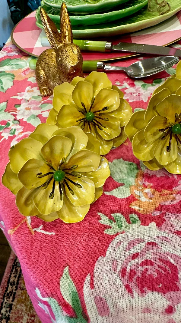 Vintage Napkin Rings, Tole, Enamel,Metal Flowers, Yellow, Set of 4