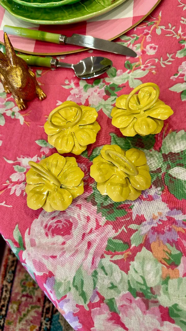 Vintage Napkin Rings, Tole, Enamel,Metal Flowers, Yellow, Set of 4