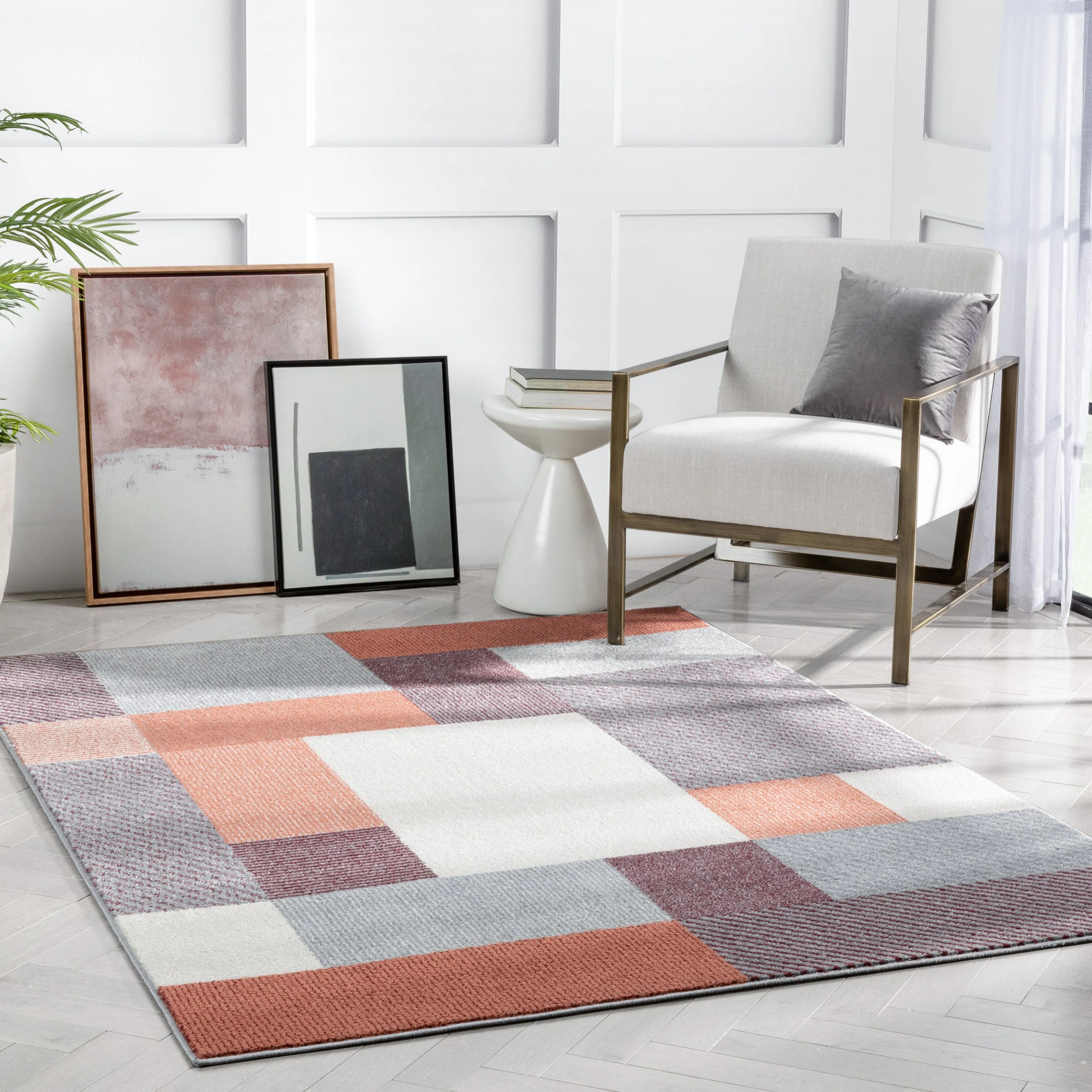 Wilma Modern Geometric Squares Blush Grey Rug